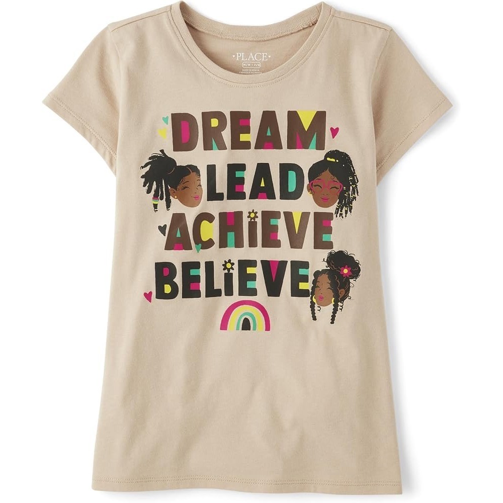 (A4) The Childrens Place Girls XL 14 Dream Lead Achieve Believe Graphic Tee Tan